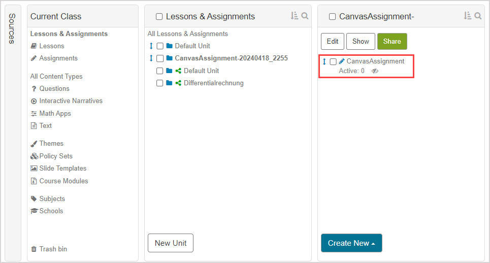 The imported assignment is listed under Lessons & Assignments, inside its own unit named CanvasAssignment.